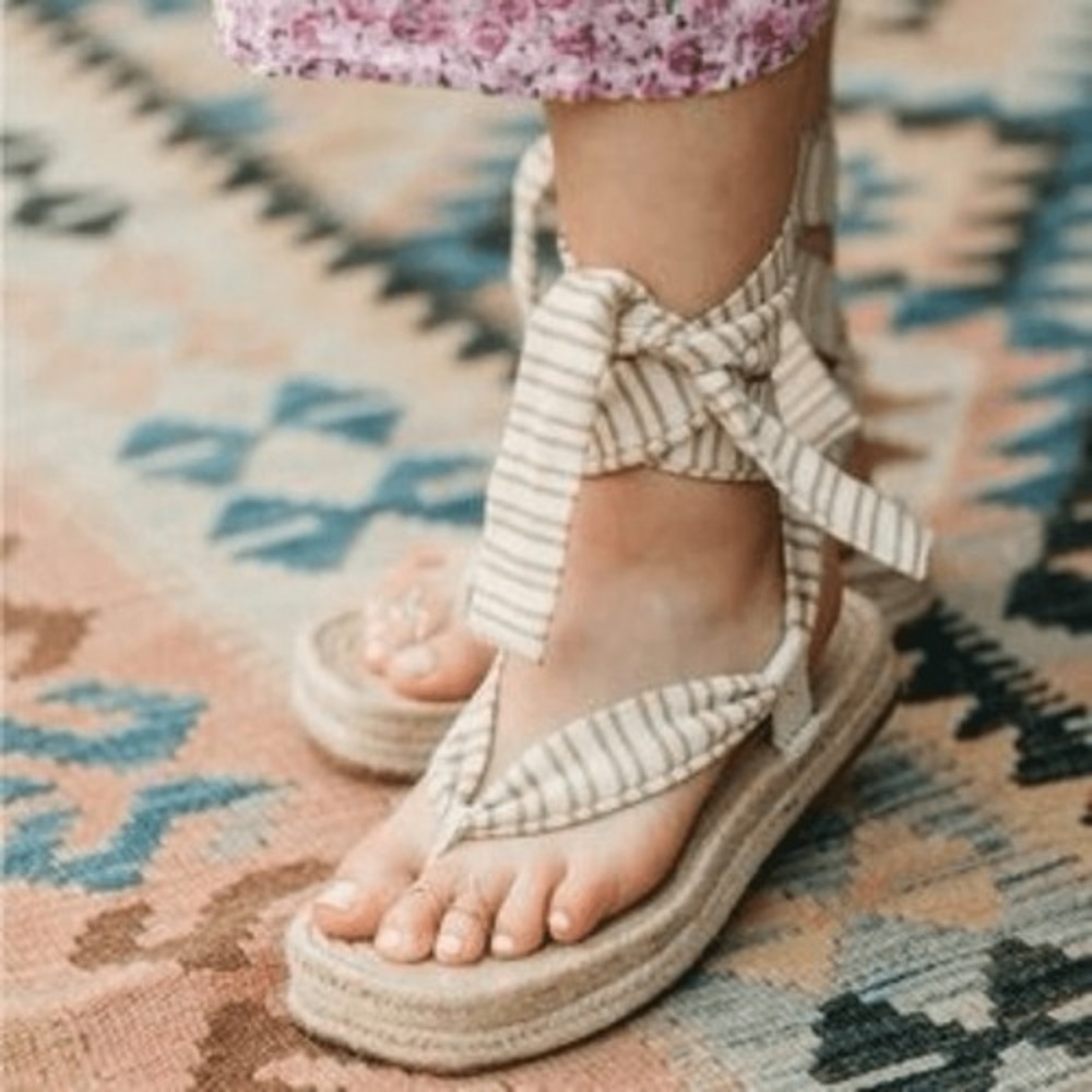 Zara Striped Ankle Wrap Espadrille Sandals Beige White Square Toe Flat Size 38